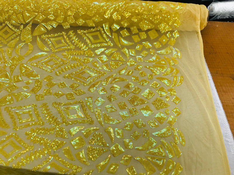 New yellow iridescent diamond design with sequins on a 4 way stretch mesh-sold by the yard.