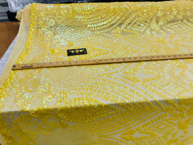 New yellow iridescent diamond design with sequins on a 4 way stretch mesh-sold by the yard.