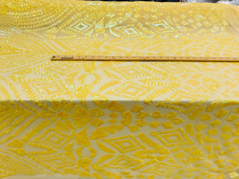 New yellow iridescent diamond design with sequins on a 4 way stretch mesh-sold by the yard.