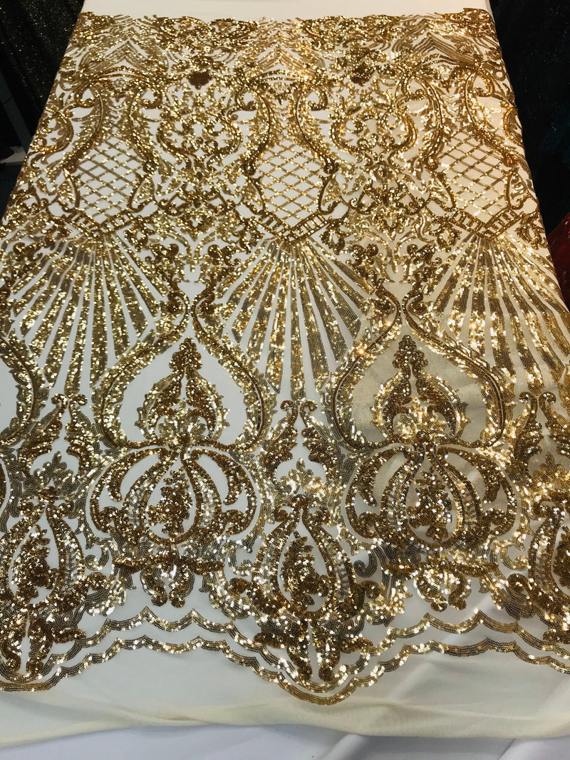 Gold shiny sequin damask design on a 4 way stretch mesh-prom-nightgown-sold by the yard.