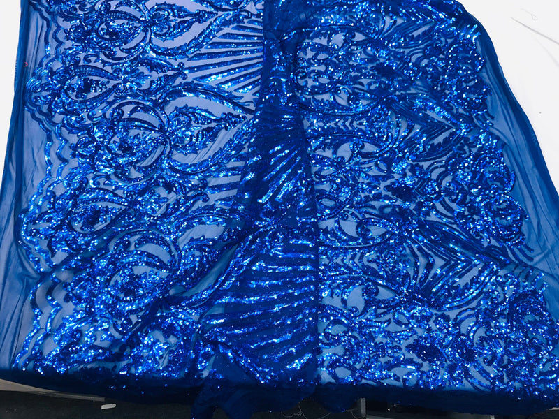 Royal blue shiny sequin damask design on a 4 way stretch mesh-prom-nightgown-sold by the yard-free shipping in the usa-