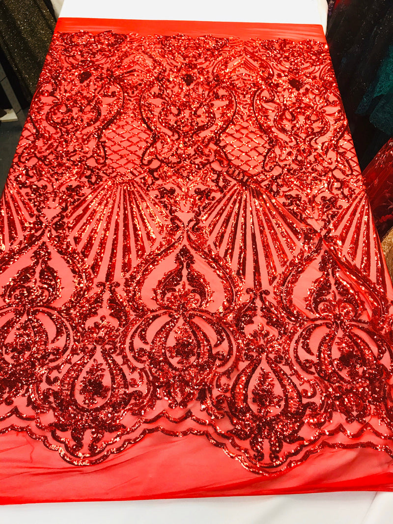 Red shiny sequin damask design on a 4 way stretch mesh-prom-nightgown-sold by the yard-free shipping in the usa-