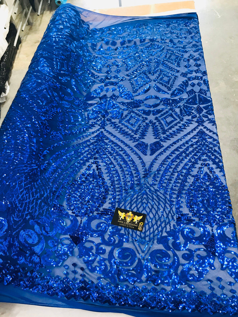 New royal blue shiny diamond design with sequins on a 4 way stretch mesh-sold by the yard.