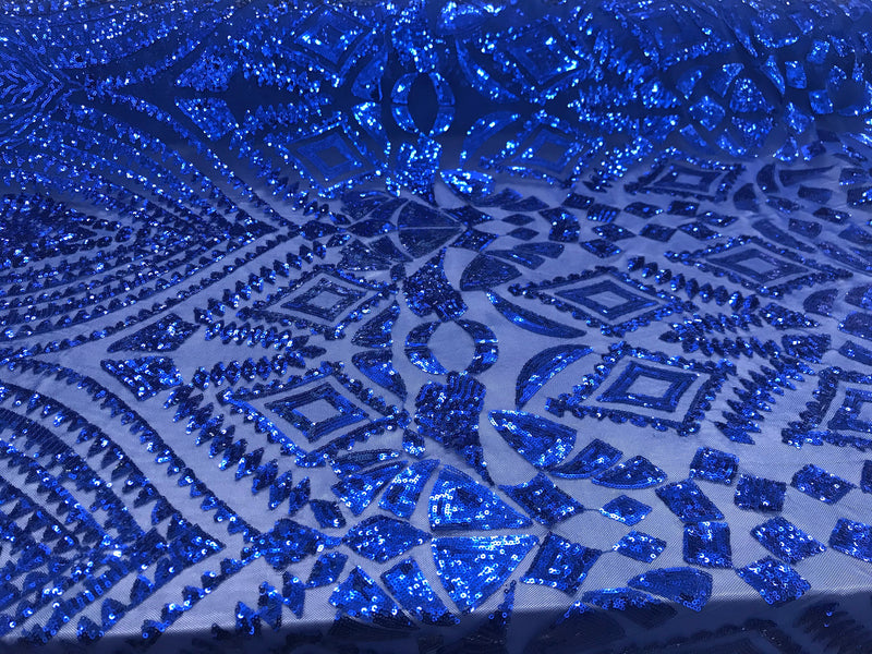 New royal blue shiny diamond design with sequins on a 4 way stretch mesh-sold by the yard.