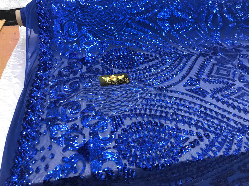 New royal blue shiny diamond design with sequins on a 4 way stretch mesh-sold by the yard.