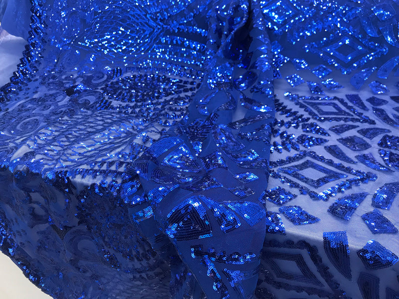 New royal blue shiny diamond design with sequins on a 4 way stretch mesh-sold by the yard.