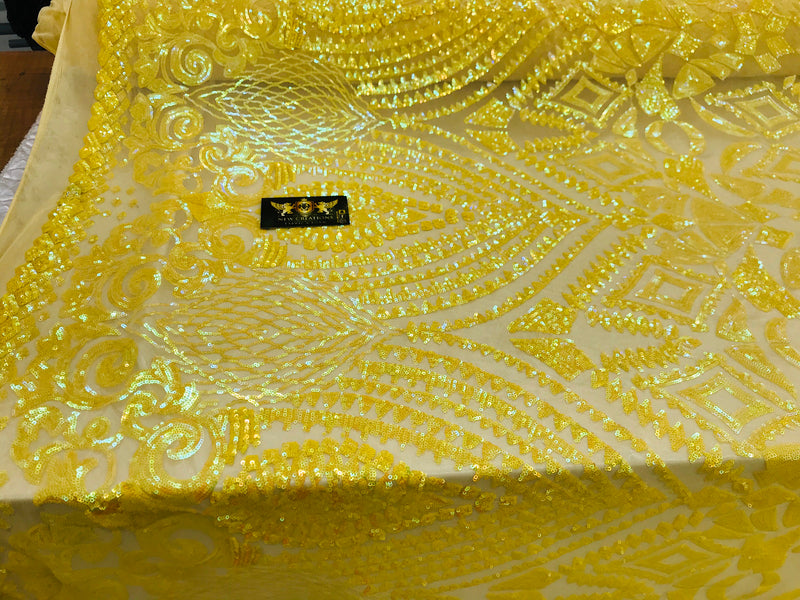 New yellow iridescent diamond design with sequins on a 4 way stretch mesh-sold by the yard.