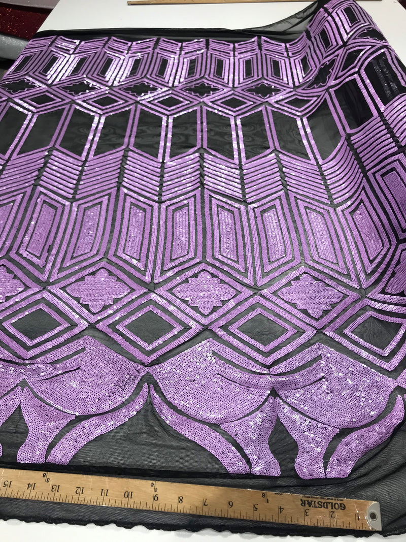 Lavender sequin geometric diamond design on a 4 way stretch black mesh fabric-prom-nightgown-sold by the yard-free shipping in USA-