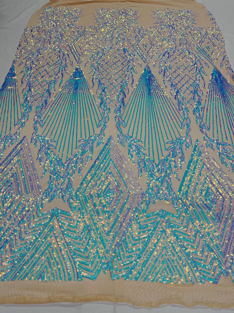 Aqua diamond design with shiny iridescent sequins on a nude 4 way stretch mesh-sold by the yard.