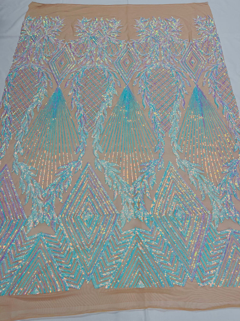 Aqua geometric diamond design with iridescent sequins on a nude 4 way stretch mesh-sold by the yard