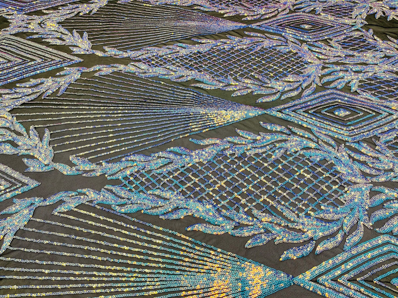 Aqua diamond design with shiny iridescent sequins on a black 4 way stretch mesh-sold by the yard