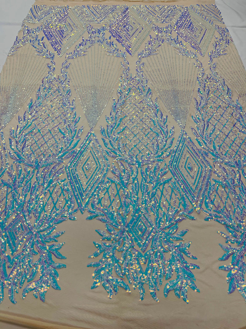 Aqua diamond design with shiny iridescent sequins on a nude 4 way stretch mesh-sold by the yard.