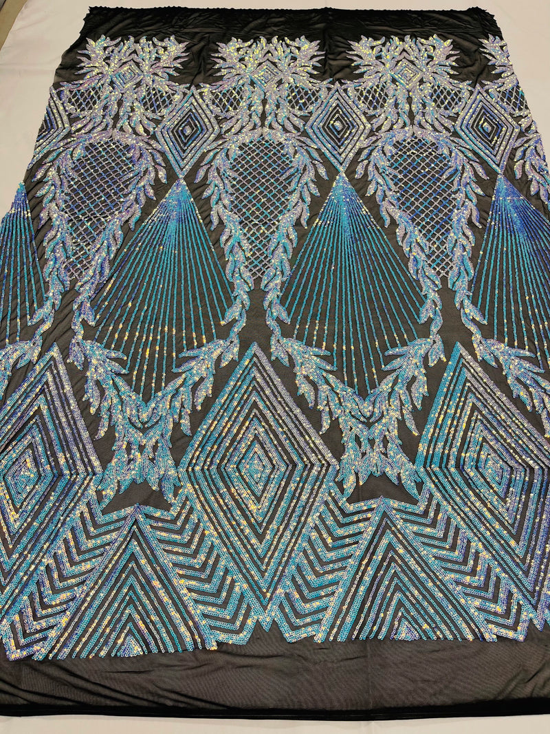 Aqua diamond design with shiny iridescent sequins on a black 4 way stretch mesh-sold by the yard