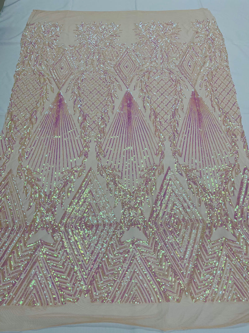 Barbie pink geometric diamond design with shiny iridescent sequins on a nude 4 way stretch mesh-dresses-prom-nightgown-sold by the yard-