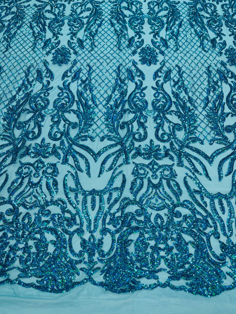 Turquoise iridescent shiny sequin damask design on a 4 way stretch mesh-prom-sold by the yard.