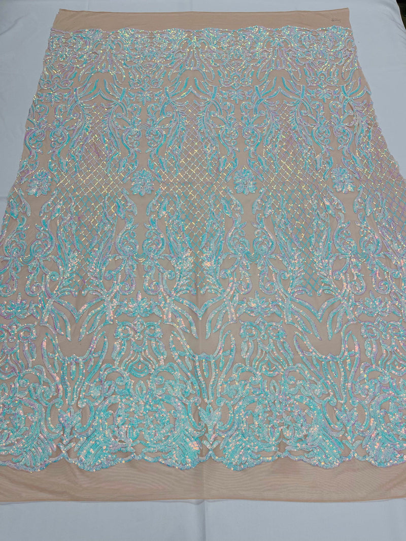 Aqua unicorn iridescent shiny sequin damask design on a nude 4 way stretch mesh-sold by the yard.