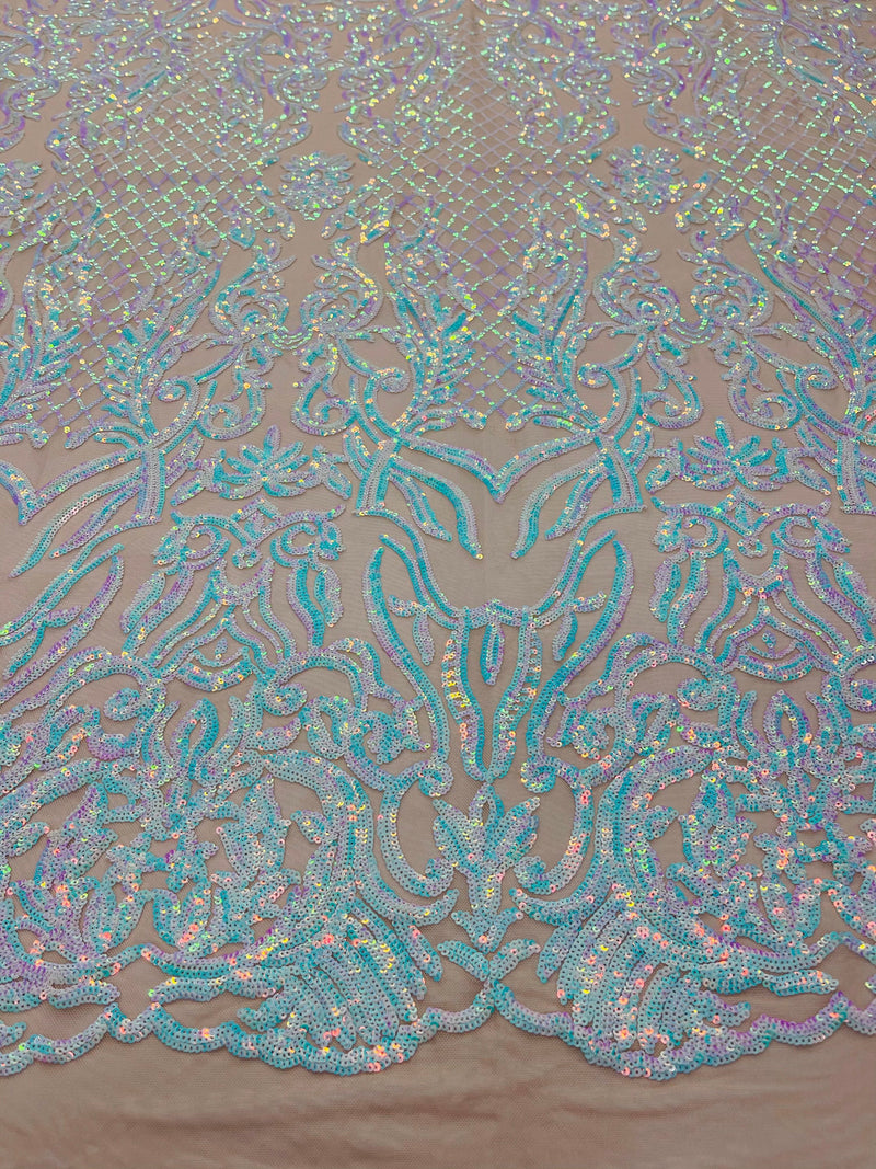 Aqua unicorn iridescent shiny sequin damask design on a nude 4 way stretch mesh-sold by the yard.