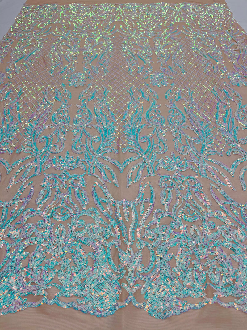 Aqua unicorn iridescent shiny sequin damask design on a nude 4 way stretch mesh-sold by the yard.