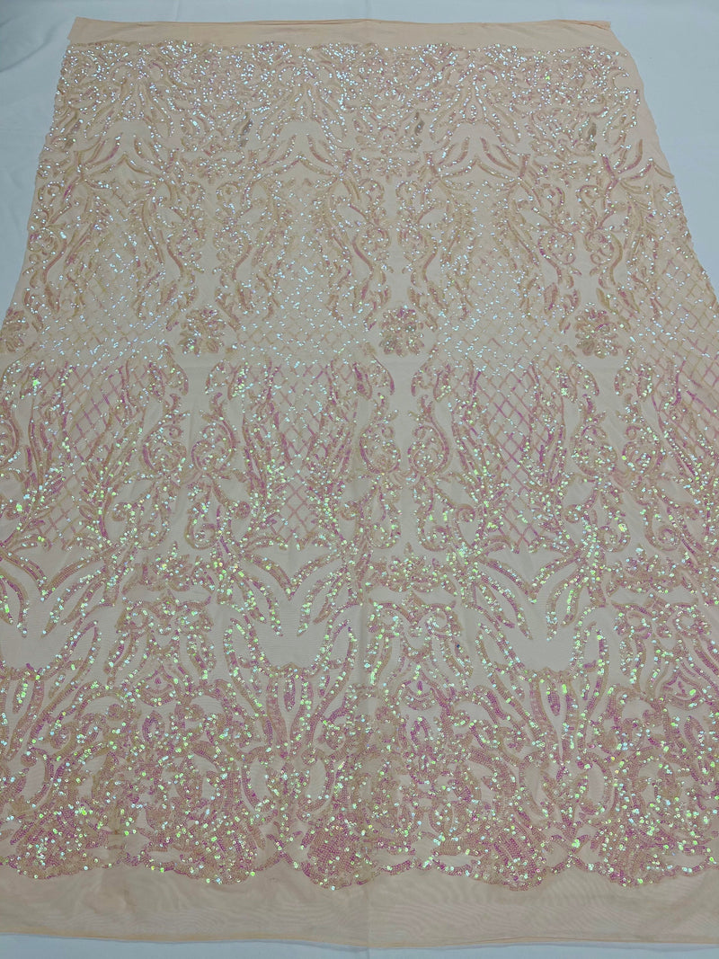 Pink iridescent shiny sequin damask design on a 4 way stretch mesh-prom-nightgown-sold by the yard.