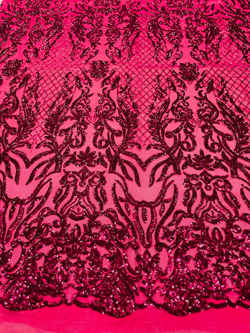 Fuchsia shiny sequin damask design on a 4 way stretch mesh-prom-nightgown-sold by the yard.