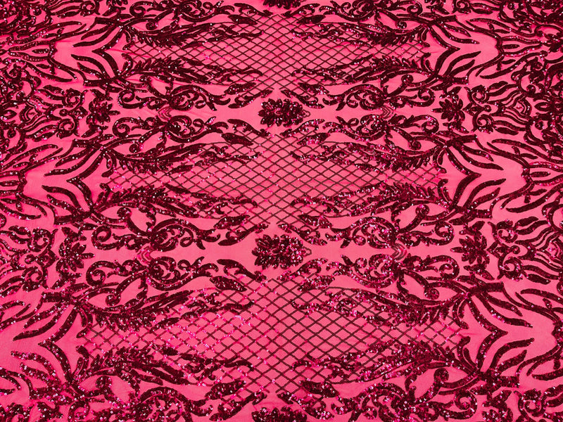 Fuchsia shiny sequin damask design on a 4 way stretch mesh-prom-nightgown-sold by the yard.