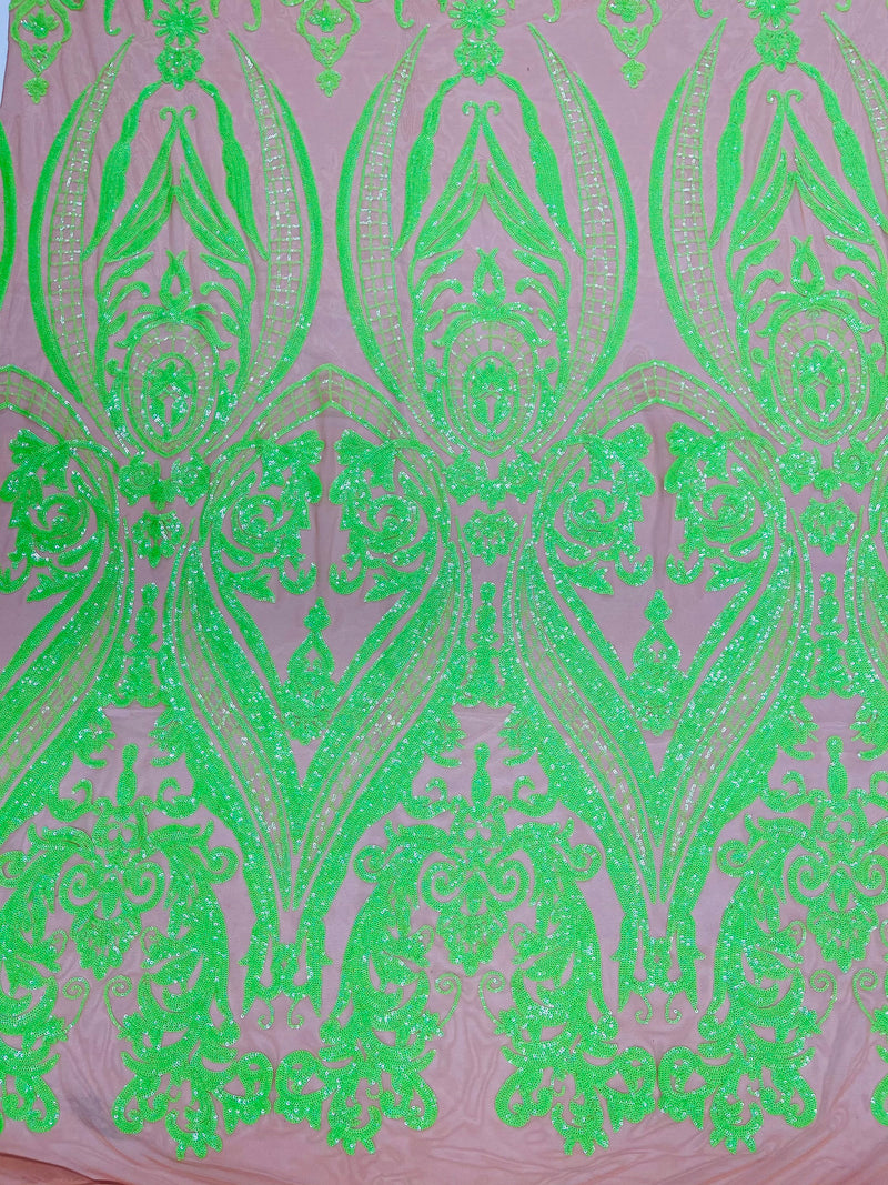 Neon Green iridescent sequin damask design on a nude 4 way stretch mesh- Prom- sold by the yard.