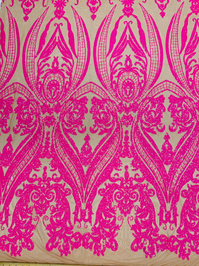 Hot pink iridescent sequin damask design on a nude 4 way stretch mesh- Prom- sold by the yard.