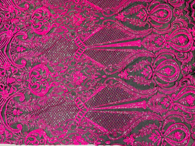 Hot pink princess design iridescent sequins on a 4 way stretch black mesh-sold by the yard.