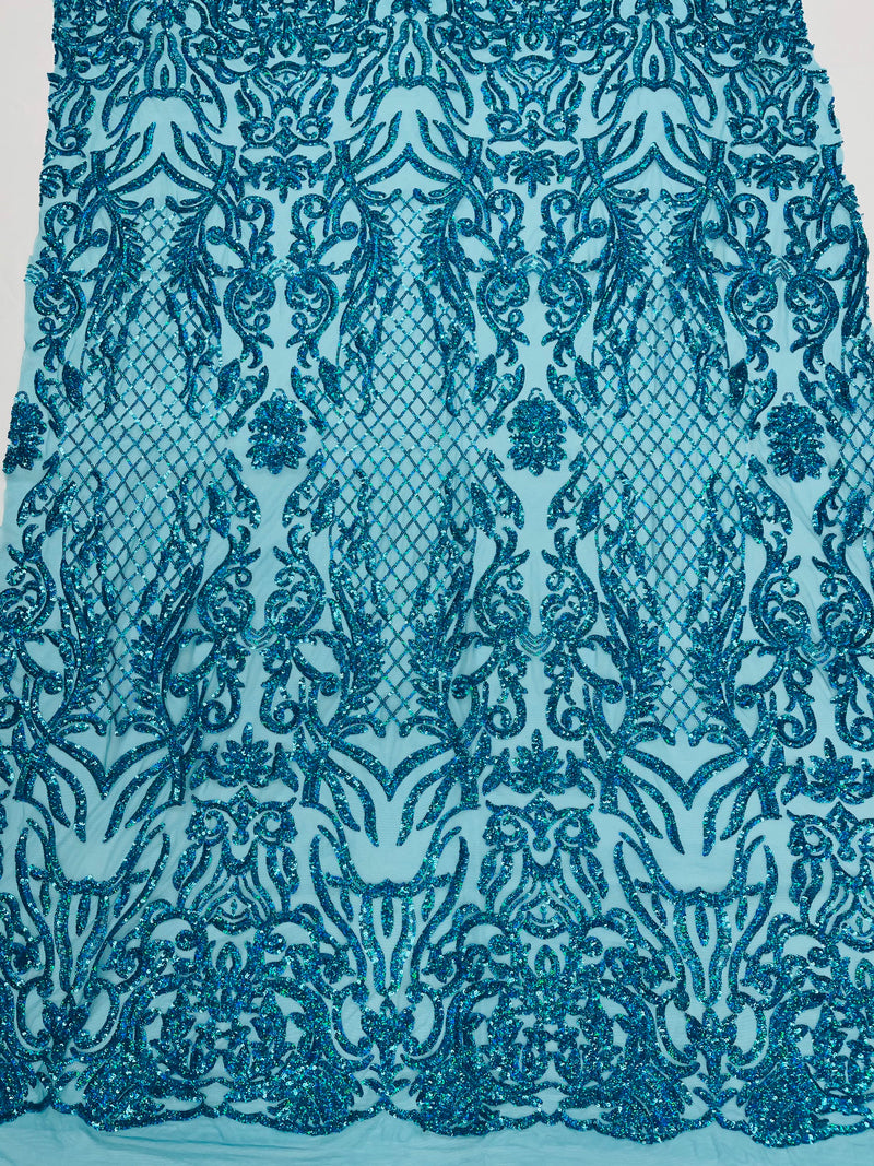 Turquoise iridescent shiny sequin damask design on a 4 way stretch mesh-prom-sold by the yard.