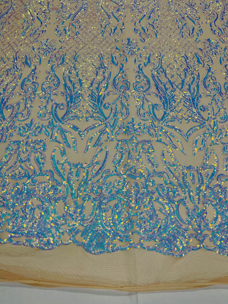 Aqua iridescent shiny sequin damask design on a nude 4 way stretch mesh-prom-sold by the yard.