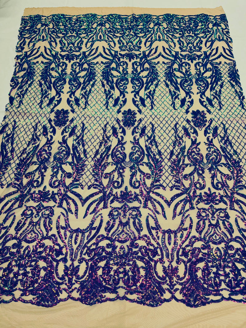 Lavender iridescent shiny sequin damask design on a nude 4 way stretch mesh-prom-sold by the yard.