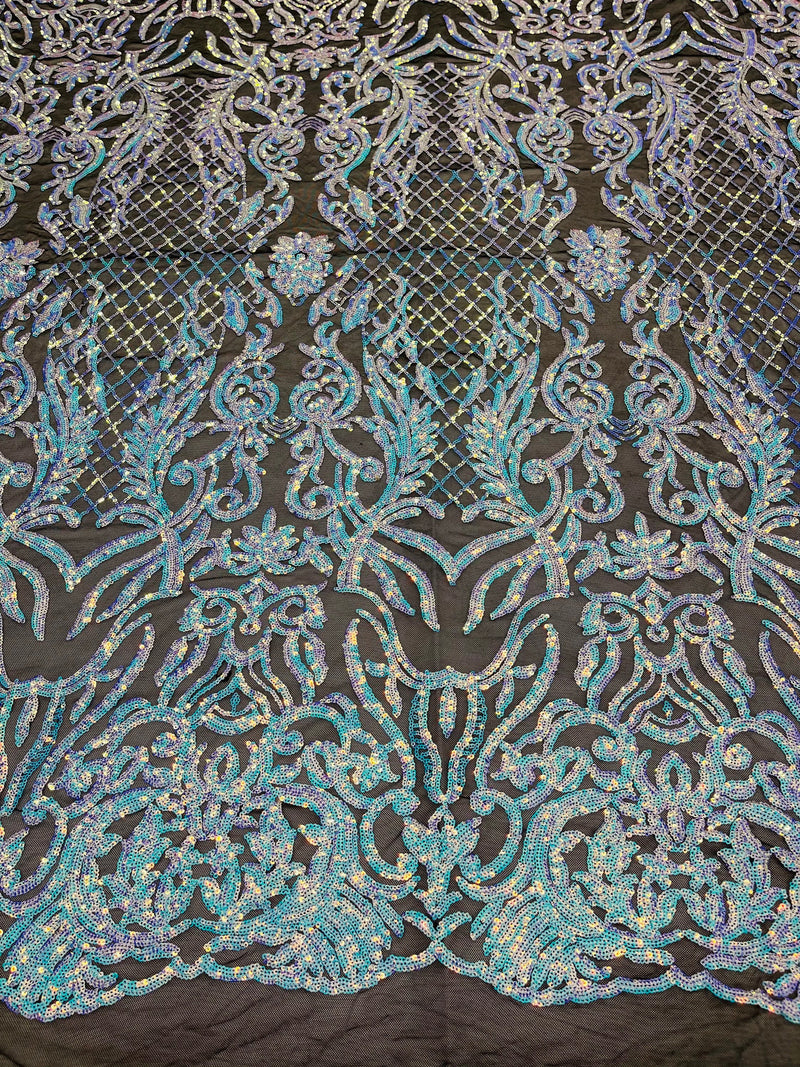 Aqua blue iridescent shiny sequin damask design on a black 4 way stretch mesh-sold by the yard.