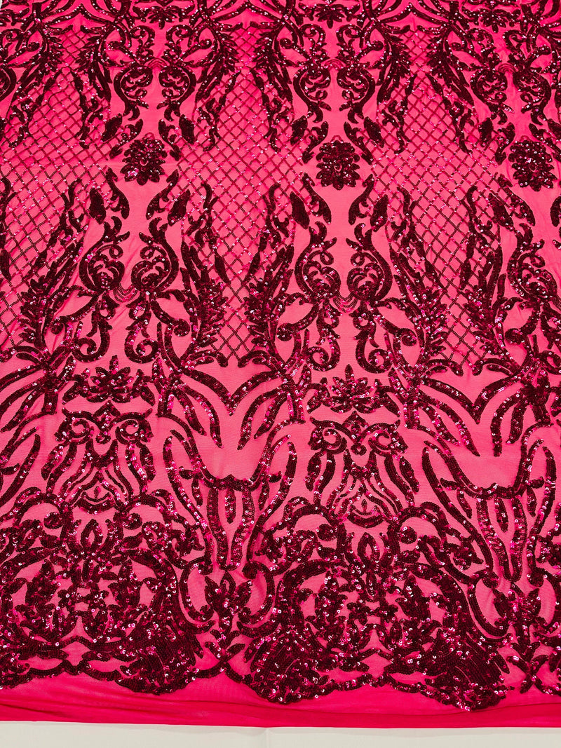 Fuchsia shiny sequin damask design on a 4 way stretch mesh-prom-nightgown-sold by the yard.