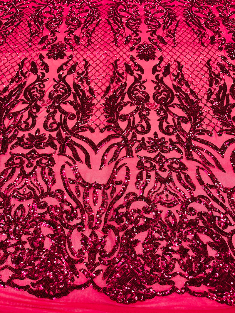 Fuchsia shiny sequin damask design on a 4 way stretch mesh-prom-nightgown-sold by the yard.