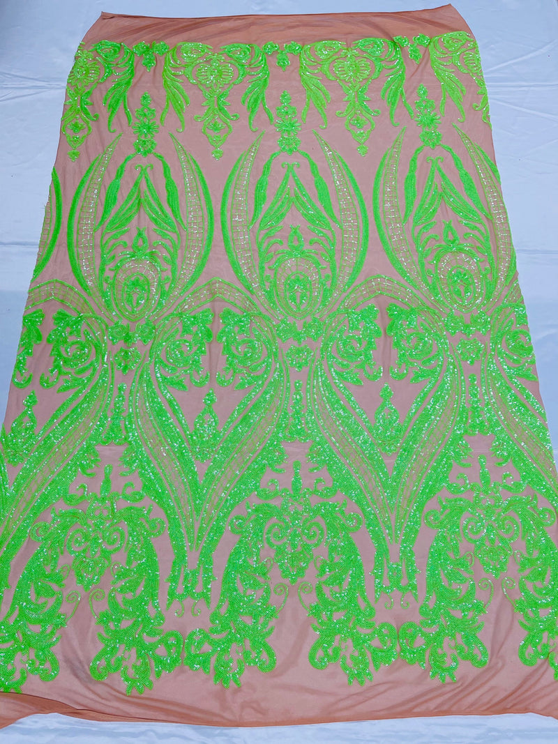 Neon Green iridescent sequin damask design on a nude 4 way stretch mesh- Prom- sold by the yard.