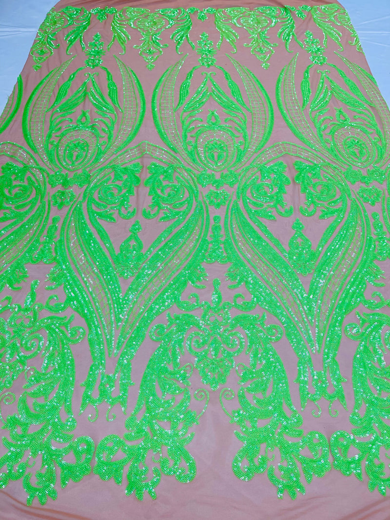 Neon Green iridescent sequin damask design on a nude 4 way stretch mesh- Prom- sold by the yard.