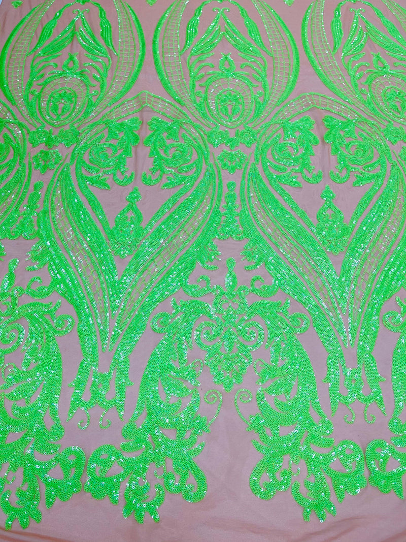 Neon Green iridescent sequin damask design on a nude 4 way stretch mesh- Prom- sold by the yard.