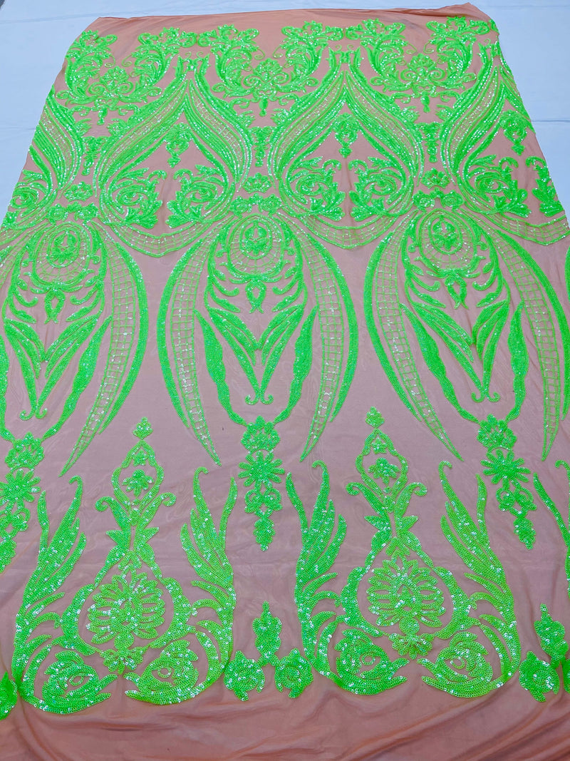 Neon Green iridescent sequin damask design on a nude 4 way stretch mesh- Prom- sold by the yard.