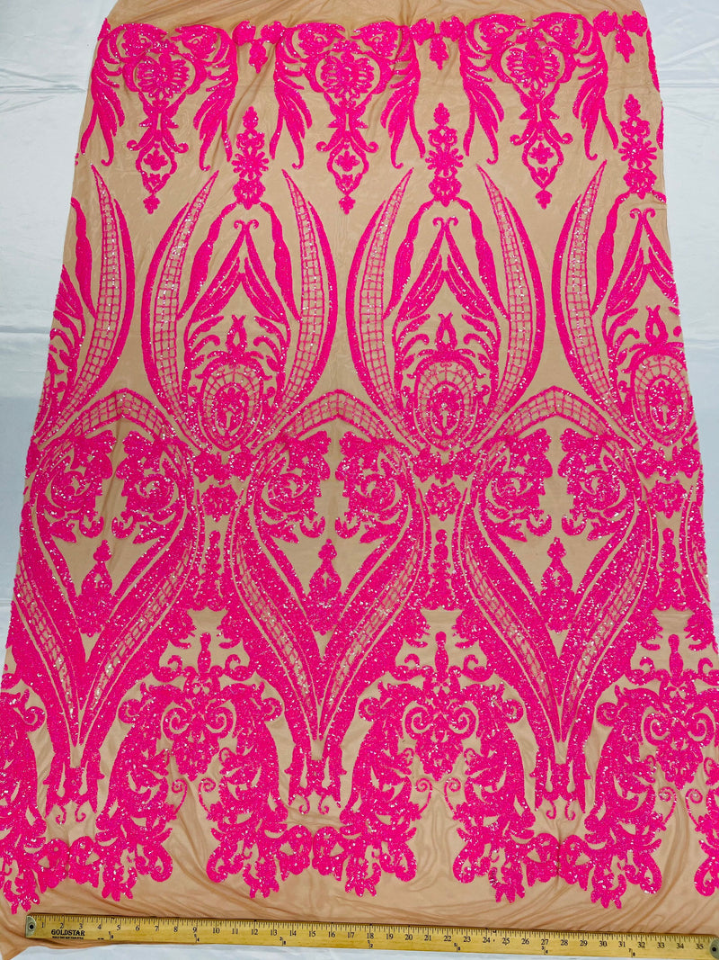 Hot pink iridescent sequin damask design on a nude 4 way stretch mesh- Prom- sold by the yard.