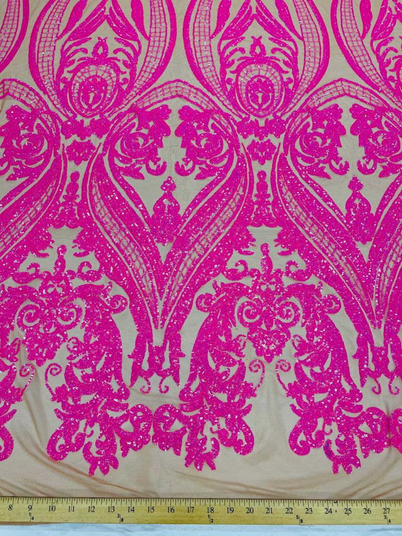 Hot pink iridescent sequin damask design on a nude 4 way stretch mesh- Prom- sold by the yard.