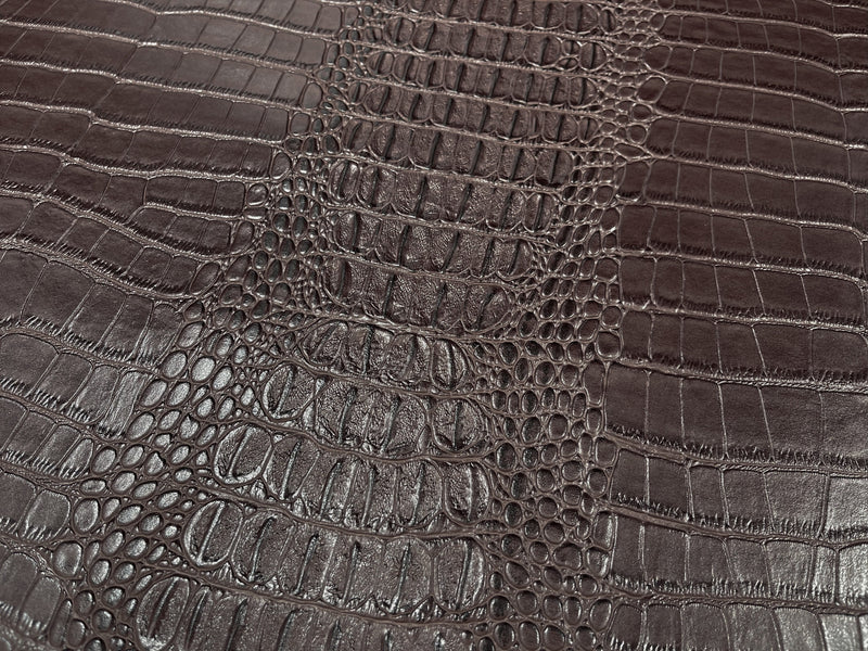 Chocolate Brown 53/54" Wide Gator Fake Leather Upholstery, 3-D Crocodile Skin Texture Faux Leather PVC Vinyl Fabric Sold By The Yard.