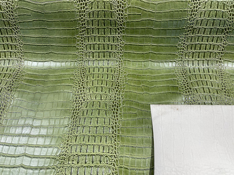 Olive Green 53/54" Wide Gator Fake Leather Upholstery, 3-D Crocodile Skin Texture Faux Leather PVC Vinyl Fabric Sold By The Yard.