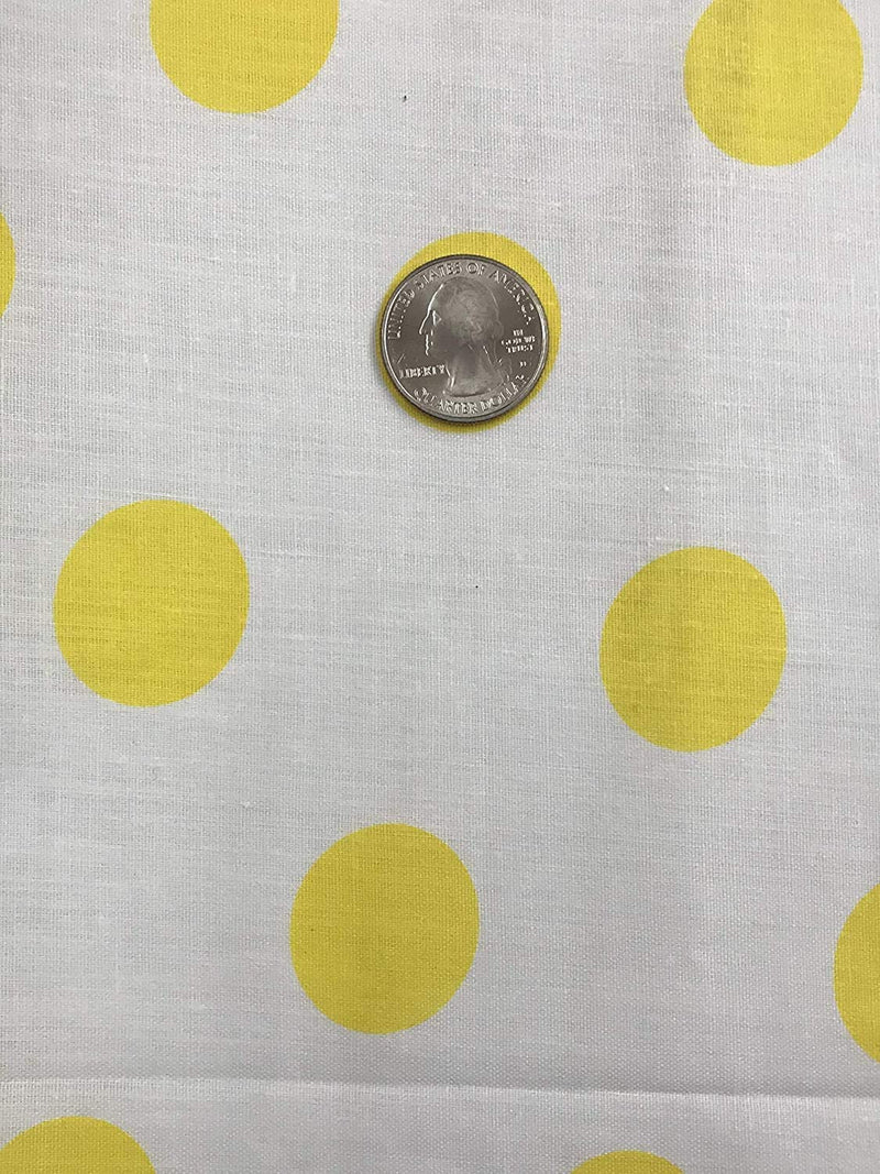 Yellow On White 58" Wide Premium 1 inch Polka Dot Poly Cotton Fabric Sold By The Yard.