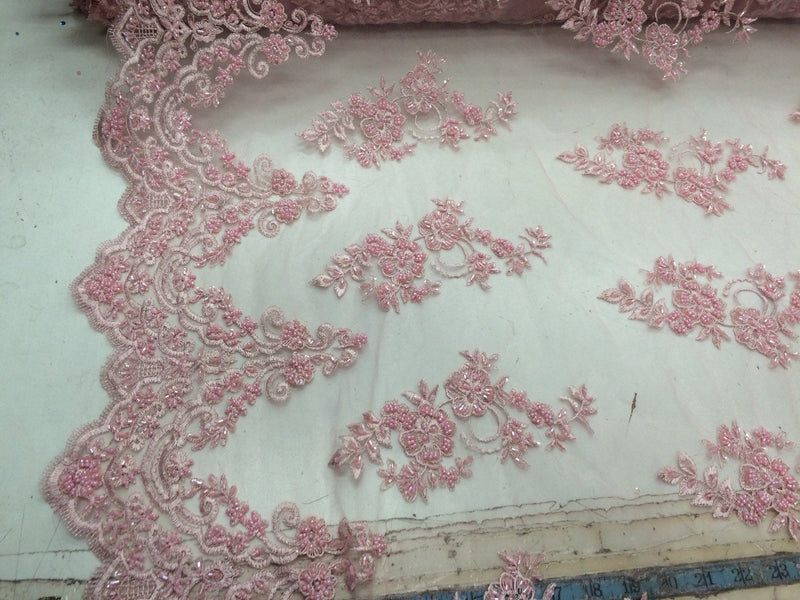 Elegant pink hand beaded mesh lace. Wedding/Bridal fabric lace.36x50inches. Sold by the yard.