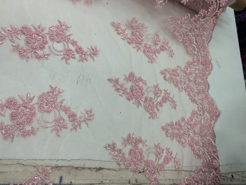 Elegant pink hand beaded mesh lace. Wedding/Bridal fabric lace.36x50inches. Sold by the yard.