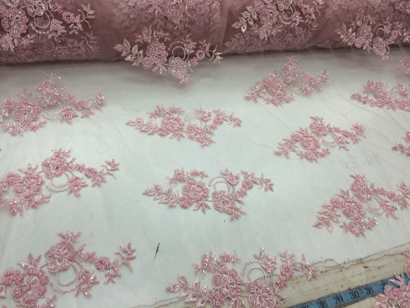 Elegant pink hand beaded mesh lace. Wedding/Bridal fabric lace.36x50inches. Sold by the yard.