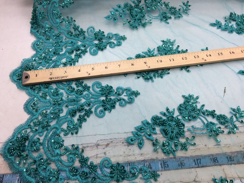 Elegant jade green hand beaded mesh lace. Wedding/ bridal/prom-nightgown- fabric lace.36x50inches. Sold by the yard.