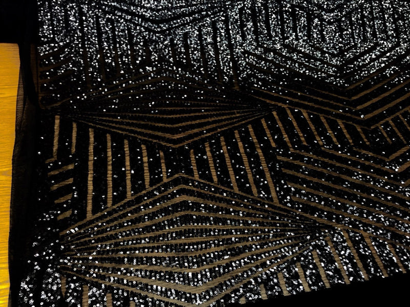 Black geometric sequins design embroider on a black mesh. Wedding/Bridal/Prom/Nightgown fabric. Sold by the yard.