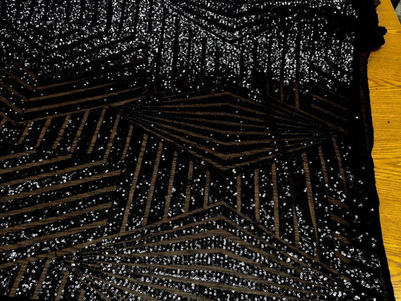 Black geometric sequins design embroider on a black mesh. Wedding/Bridal/Prom/Nightgown fabric. Sold by the yard.