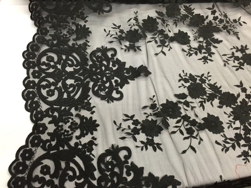 Black flowers embroider on a 2 way stretch mesh lace. Wedding/bridal/Prom/Nightgown fabric-dresses-fashion-apparel-Sold by the yard.